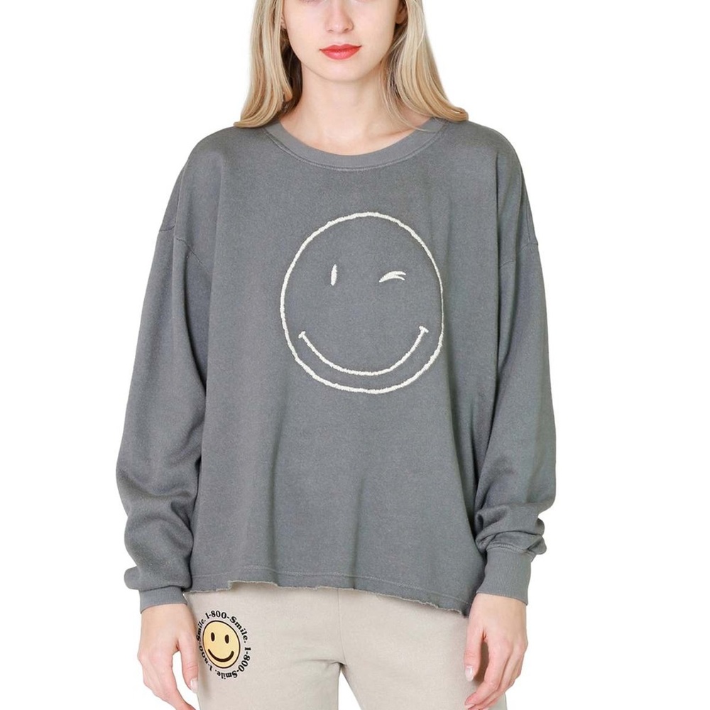 By Together Embroidered Smiley Face Crewneck Sweatshirt